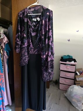 Black Maxi Dress with Purple Floral Overlay - Elegant Evening Maxi Dress